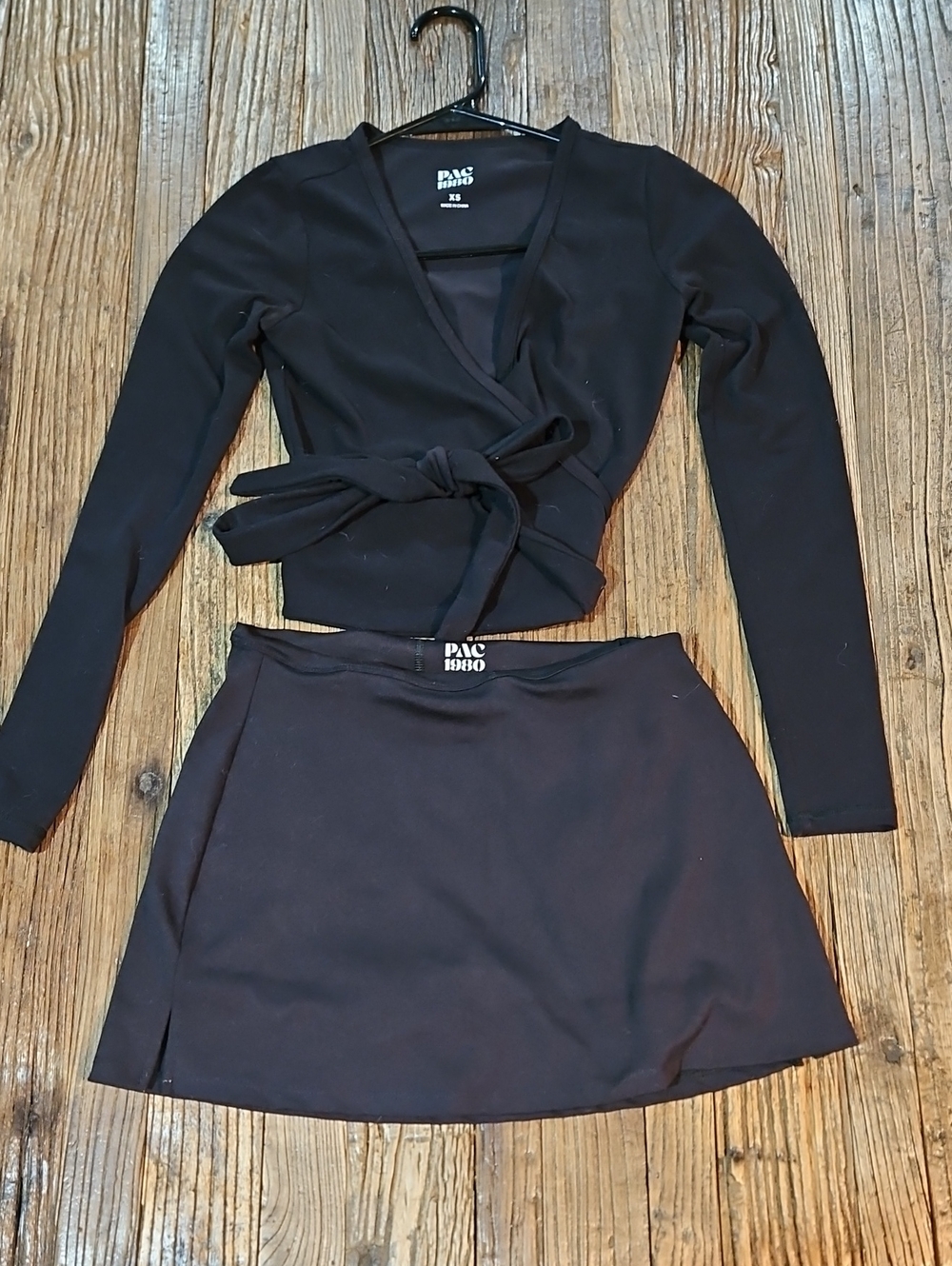 PAC 1980 Black Wrap Crop Top and Skort Set 2 Piece
